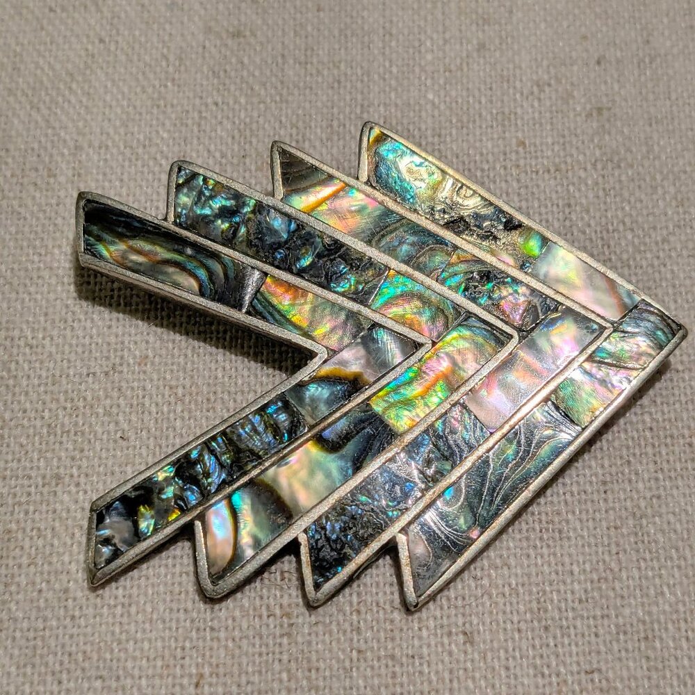 Vintage Mexico Abalone Paua Shell Alpaca Silver Brooch
